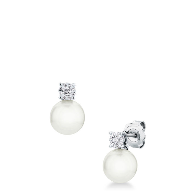 Imagen de Pareja de pendientes de ballestilla con perla cultivada y diamante en oro blanco
