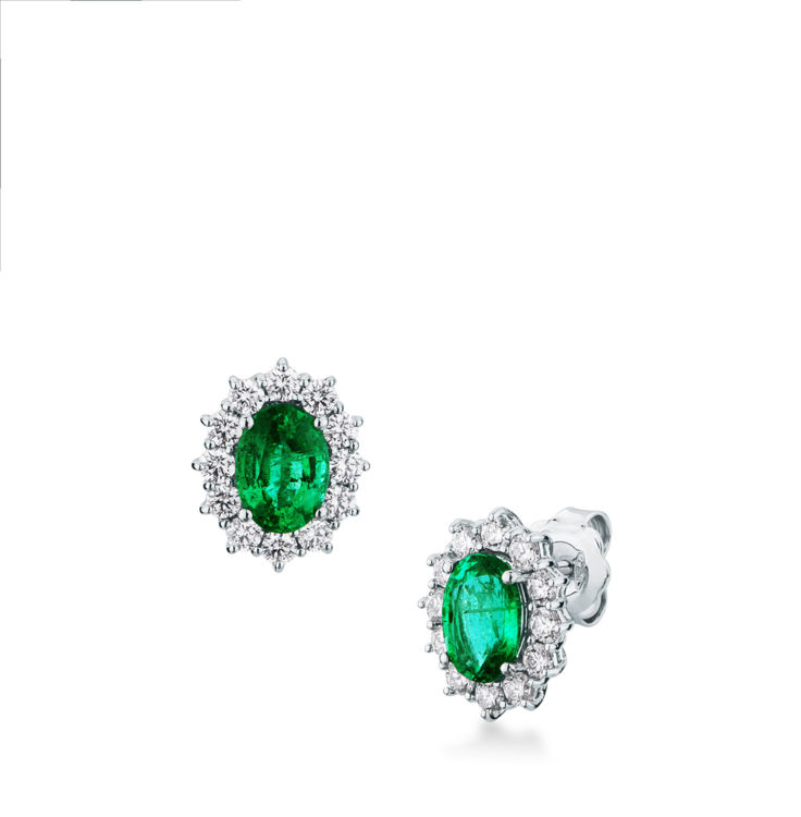 Picture of Pair of hinged earrings with emerald and diamond in white gold