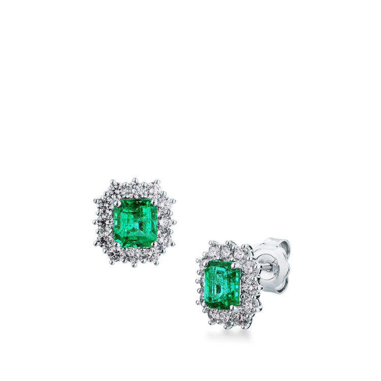 Picture of Pair of hinged earrings with emerald and diamond in white gold