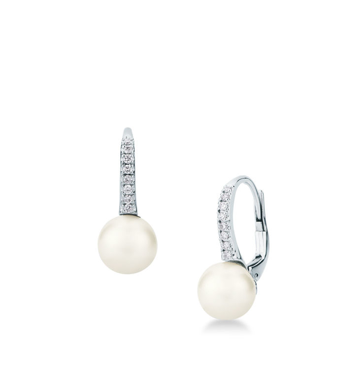 Picture of Pair of hook-of-earrings with cultivated pearl and diamond in white gold